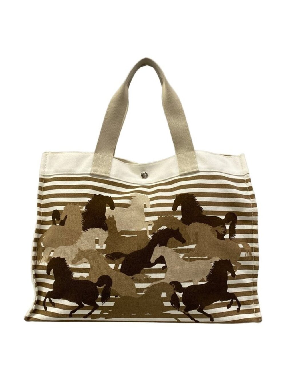 Hermes Tote White Brown Multi Hose Print Silver Border
